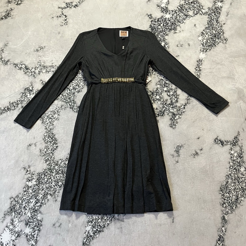 NUE by Shani Dress Sz 8 long sleeve charcoal grey with‎ a gold embellished